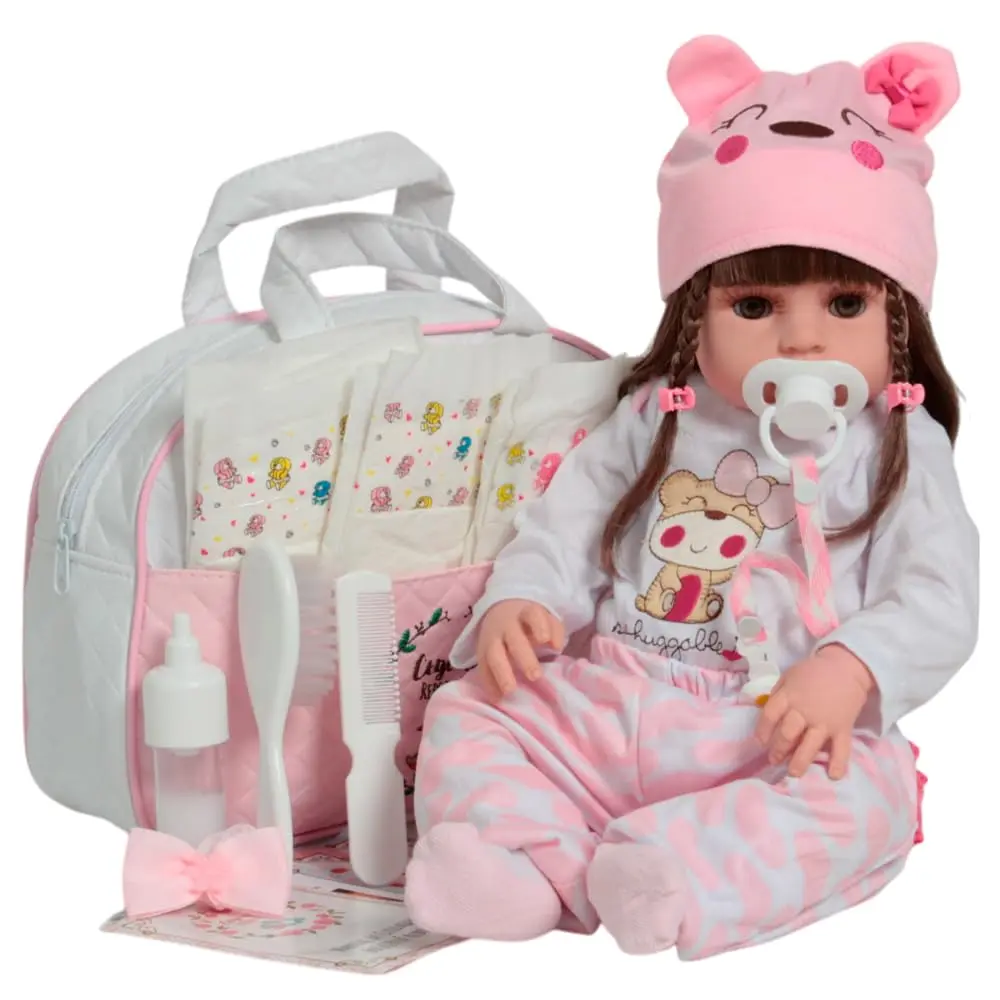 Boneca Reborn Menina 46cm Com Lindo Conjunto Bolsa e Acessórios 100% Vinil Siliconado (Conjunto Calça Coração)