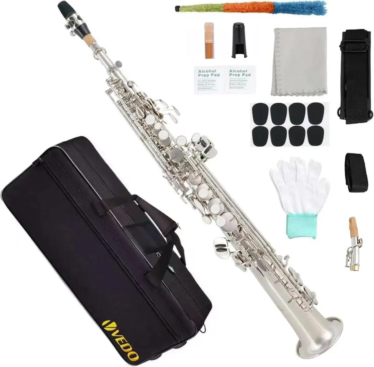 VEDO Saxofone Soprano Em Si bemol (Bb), Instrumento De Tubo Reto, Campana Integrado, Adequado Para Iniciantes e MúSicos NíVel IntermediáRio, Orquestra, Inclui Todos Os Acessórios, Prata