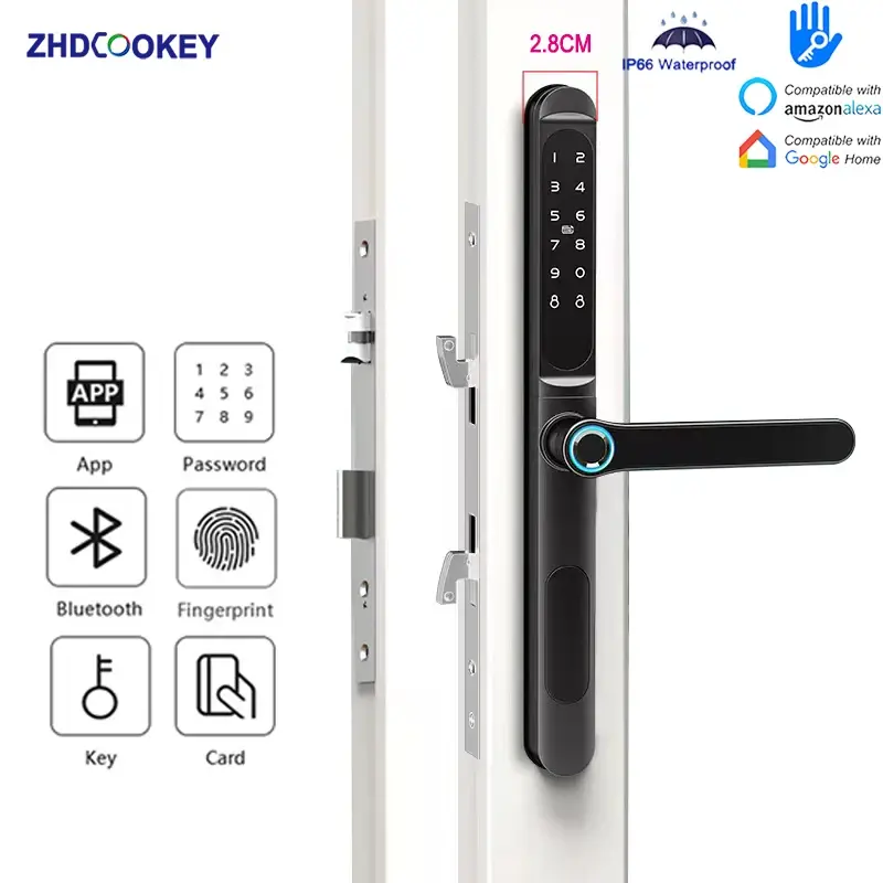 Fechadura inteligente para porta deslizante, 2.8cm, à prova d'água, senha de impressão digital, cartão ic, chave, compatibilidade, aplicativo ttlock e cabeçalho biométrico alexa - 1