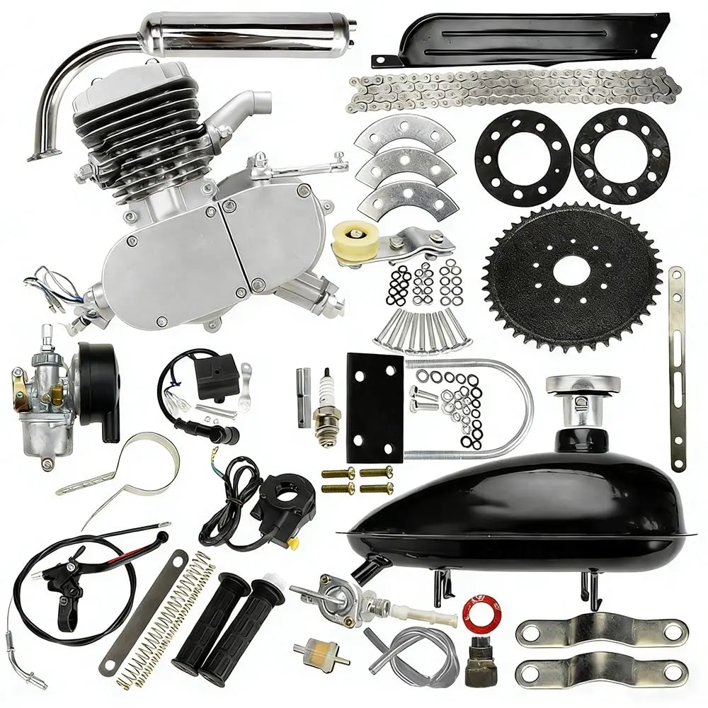 FINYQBET Kit Motor de Bike Motorizada 80cc 2 Tempos, para Bicicleta 24"+ | Prateado, Cilindro Simples, Refrigerado a Ar, Compatível com quadros V sem amortecedor, Conversão simples com instruções