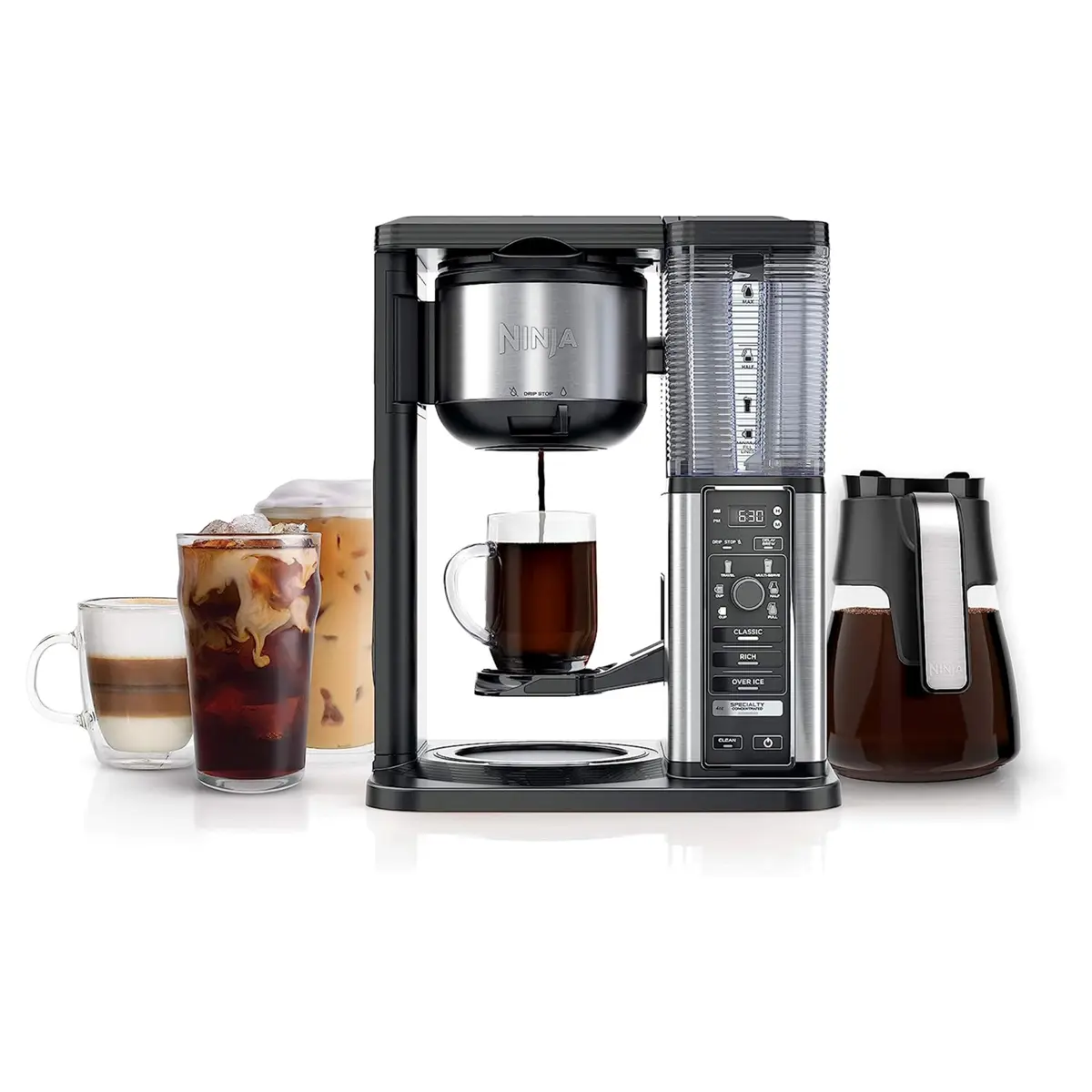 Ninja CM401 Cafeteira Specialty para 10 xícaras, com 4 estilos para café moído, reservatório de água embutido, espumador dobrável e jarra de vidro, preta