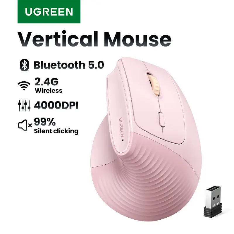 UGREEN Bluetooth 2.4G Vertical Wireless Mouse Ergonômico 4000DPI 6 Botões Mute para MacBook Tablet Laptops