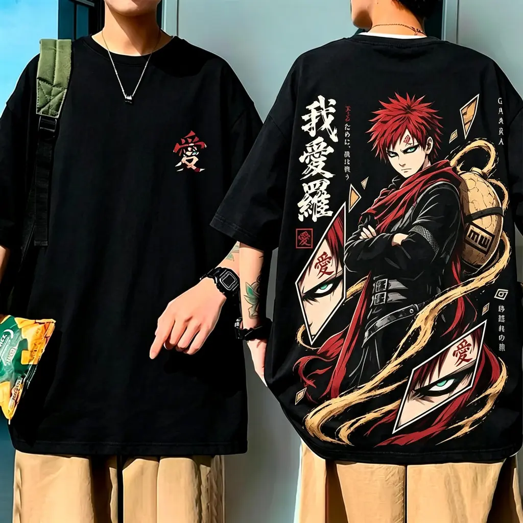 Camiseta Unisex de Alta Qualidade, Design com Estampa do Personagem Gaara da Série Naruto e Letras Decorativas, Moda Urb - 1
