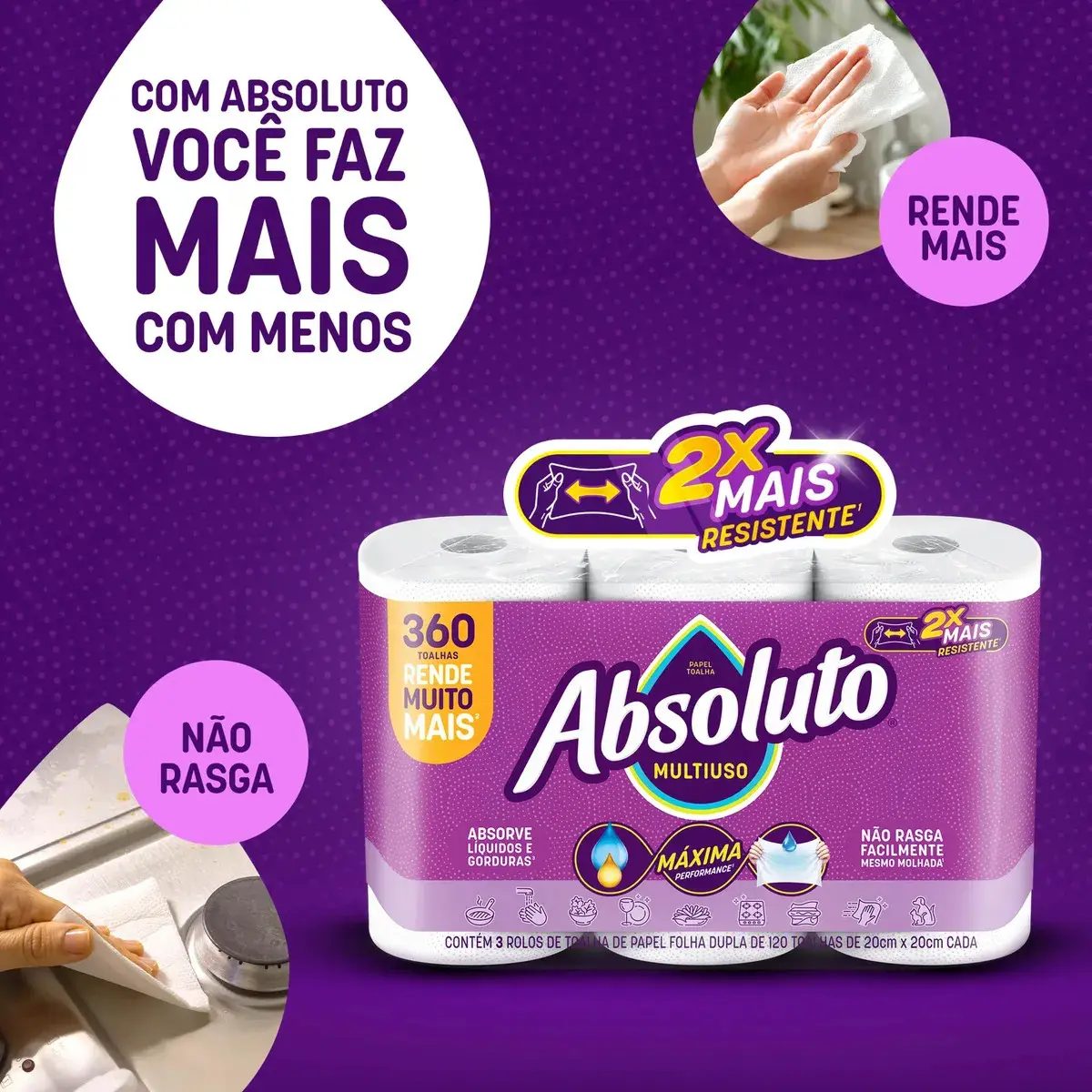 Papel Toalha Absoluto Multiuso 360 Folhas Com 3 Unidades thumbnail 3
