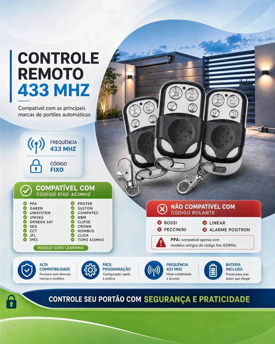 Kit 2 Controle Remoto Universal Com 4 Botões 433mhz Compativel Para Portão Eletronico Automatico Garagem Alarme Porta Residencial thumbnail 5