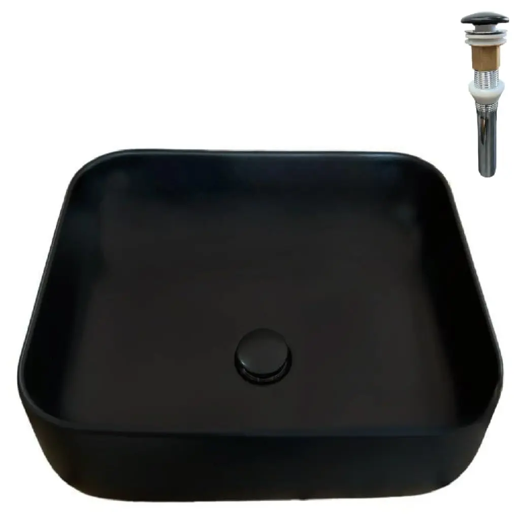 Cuba Sobrepor Preta Ceramica Banheiro Retangular com Valvula Click