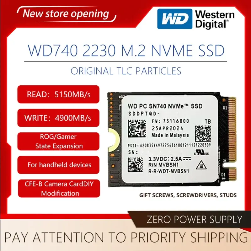 Western Digital SN740 1TB 2TB M.2 2230 Gen4 PCIe 4.0 NVMe Unidade de Estado Sólido para Steam Deck, Rog Ally, Surface ProX, Laptop e PC