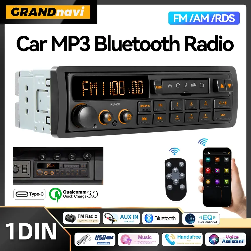 Retro mp3 reprodutor de rádio do carro 1 din estéreo eq fm am rds dab receptor qc3.0 bluetooth usb entrada aux para vw porsche mercedes benz bmw