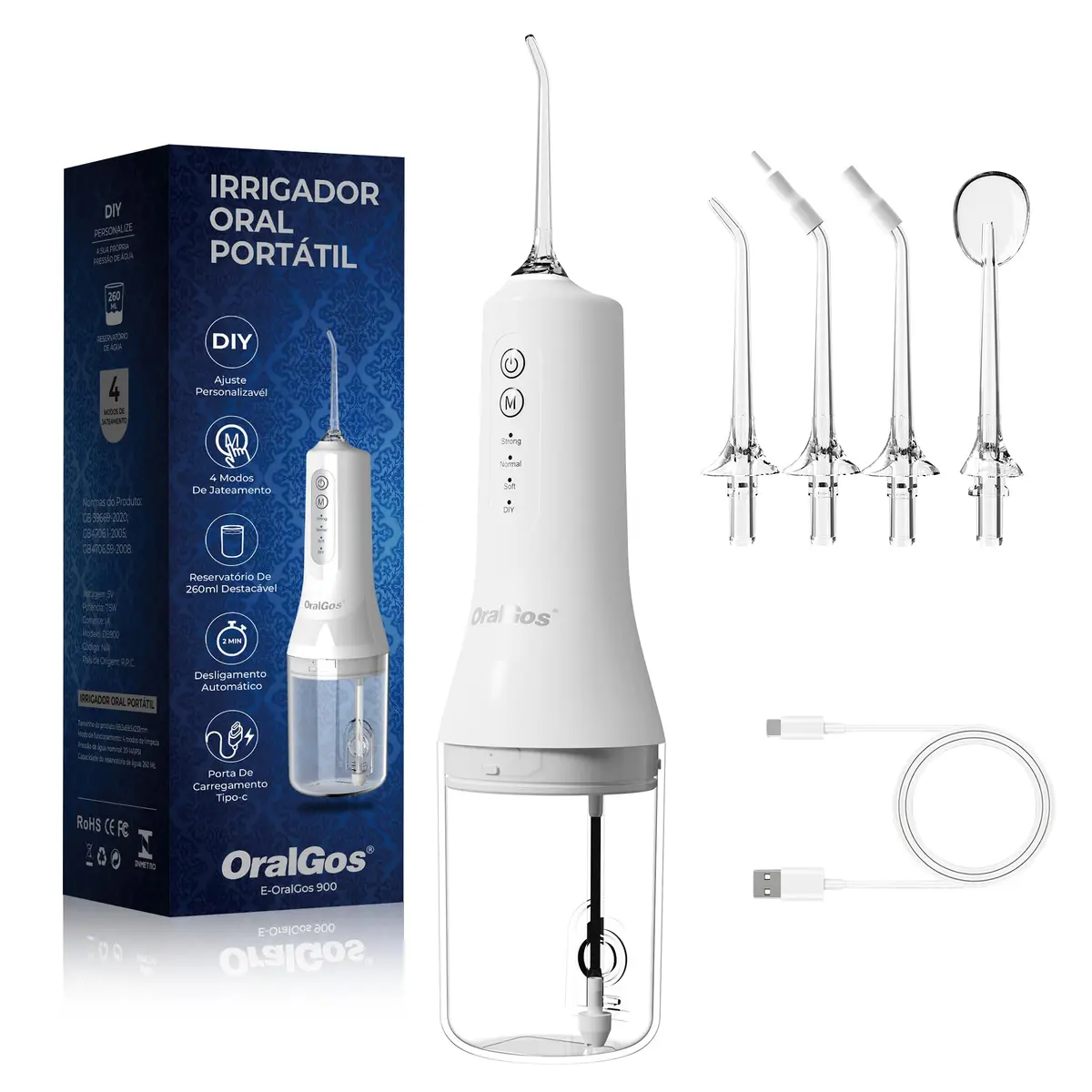 OralGos Irrigador Dental Portatil 260ML, Limpeza Profunda, 4 Bicos, Branco | 4 Modos de Jato, Limpeza Profunda dos Dentes e Gengivas, Elétrico, Recarregável, À Prova d'Água IPX7