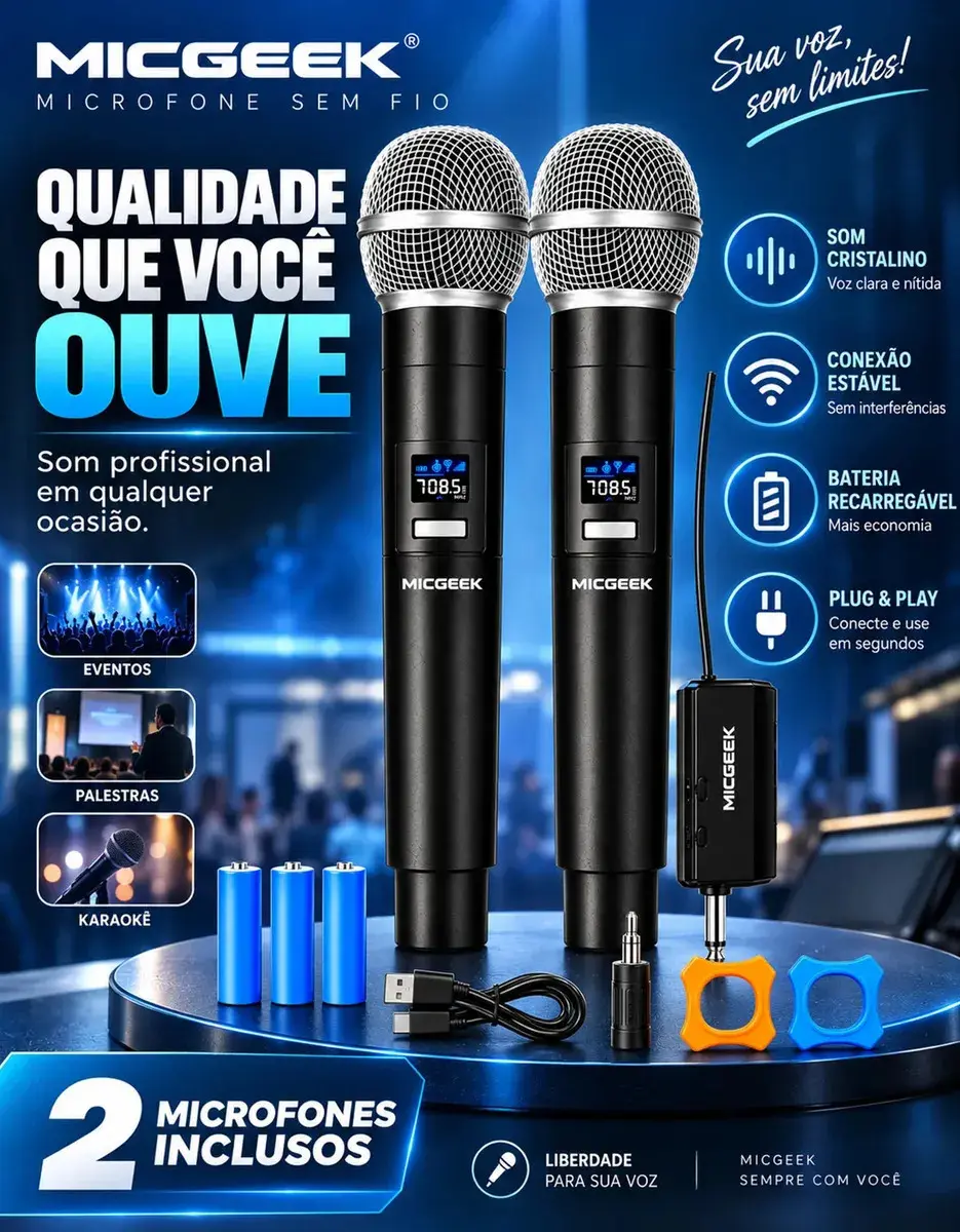 Kit 2 Microfones Sem Fio Dinâmico Recarregável Profissional Uhf Led Karaokê Palestras Shows Igrejas Apresentações Cancelamento De Ruído Anti-larsen Cardioide 14h Bateria Para Palco Reuniões Micgeek thumbnail 2
