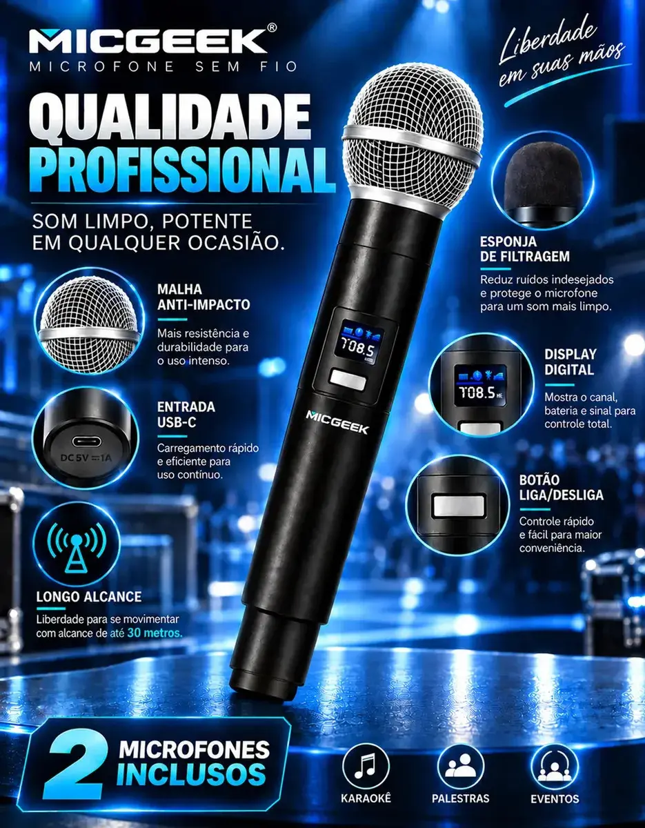 Kit 2 Microfones Sem Fio Dinâmico Recarregável Profissional Uhf Led Karaokê Palestras Shows Igrejas Apresentações Cancelamento De Ruído Anti-larsen Cardioide 14h Bateria Para Palco Reuniões Micgeek thumbnail 3