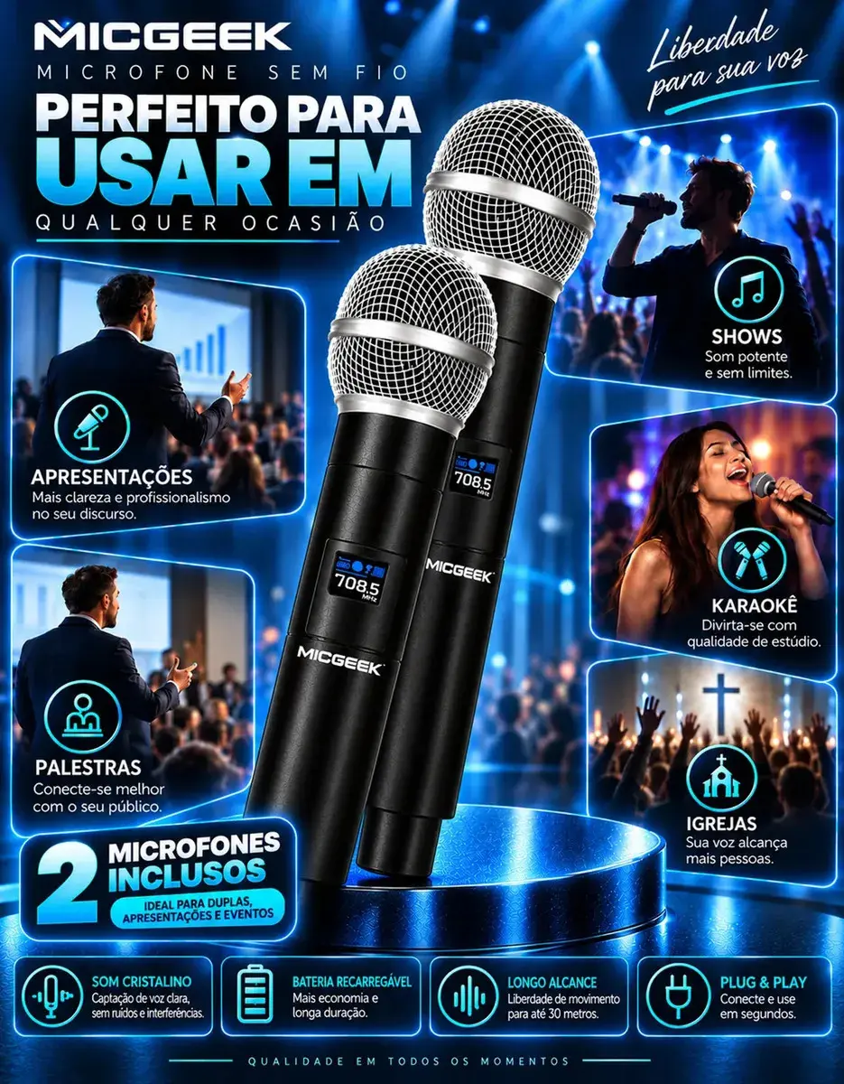 Kit 2 Microfones Sem Fio Dinâmico Recarregável Profissional Uhf Led Karaokê Palestras Shows Igrejas Apresentações Cancelamento De Ruído Anti-larsen Cardioide 14h Bateria Para Palco Reuniões Micgeek thumbnail 4