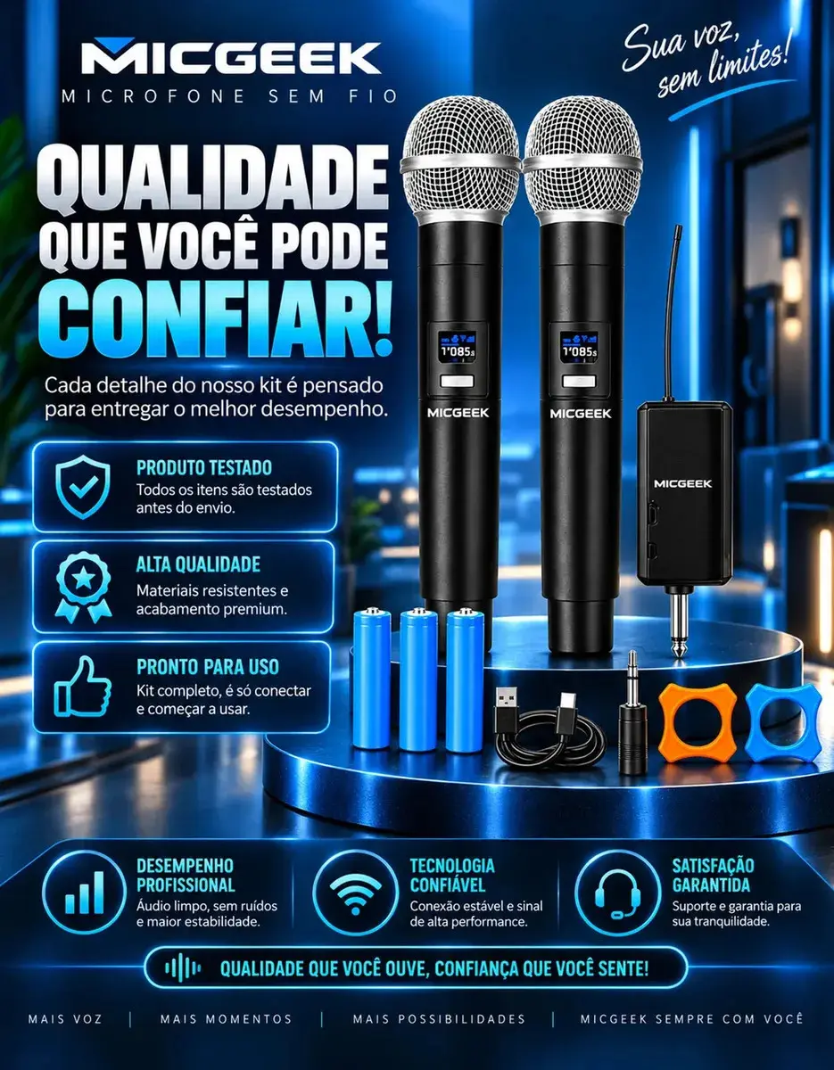 Kit 2 Microfones Sem Fio Dinâmico Recarregável Profissional Uhf Led Karaokê Palestras Shows Igrejas Apresentações Cancelamento De Ruído Anti-larsen Cardioide 14h Bateria Para Palco Reuniões Micgeek thumbnail 6