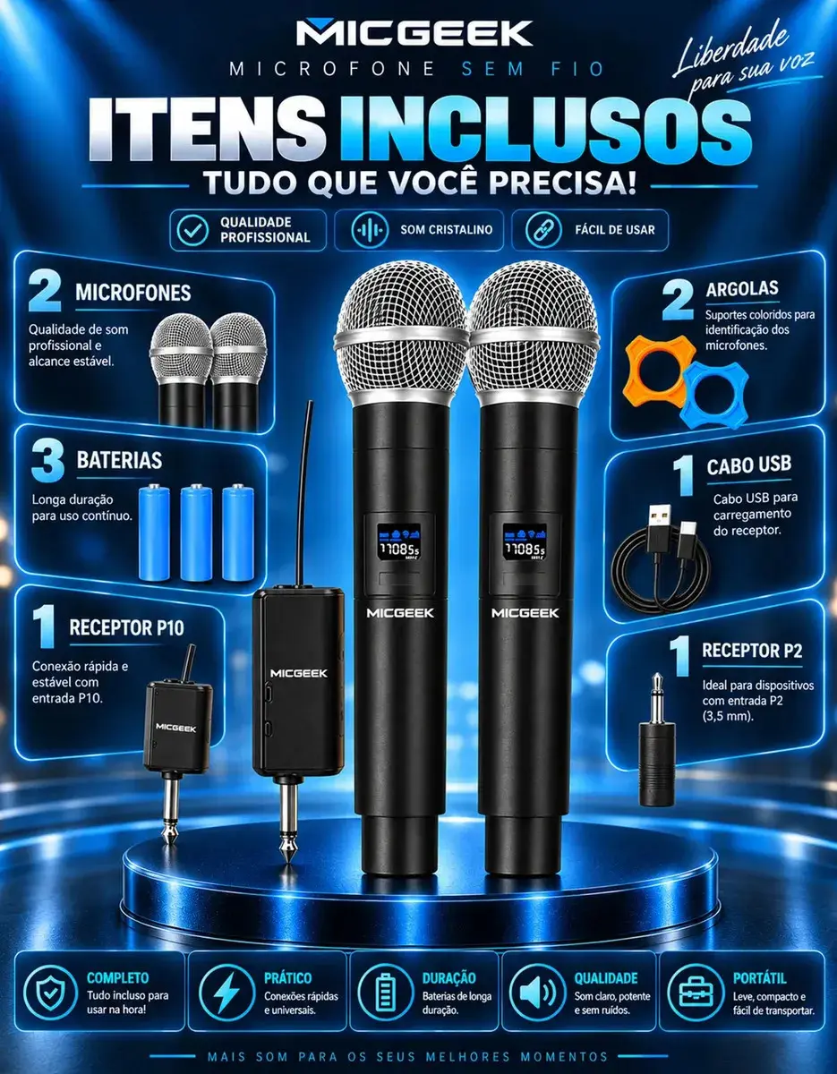 Kit 2 Microfones Sem Fio Dinâmico Recarregável Profissional Uhf Led Karaokê Palestras Shows Igrejas Apresentações Cancelamento De Ruído Anti-larsen Cardioide 14h Bateria Para Palco Reuniões Micgeek thumbnail 7