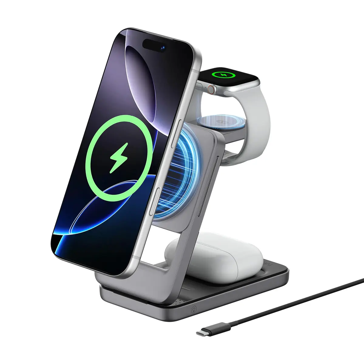 Basike Carregador indução 3 em 1 Magnético Dobrável Portátil, Luz Noturna | Carregador Sem Fio, Compatível com MagSafe, iPhone 17/16/15/14/13/12, Apple Watch e AirPod (cinza) - 1
