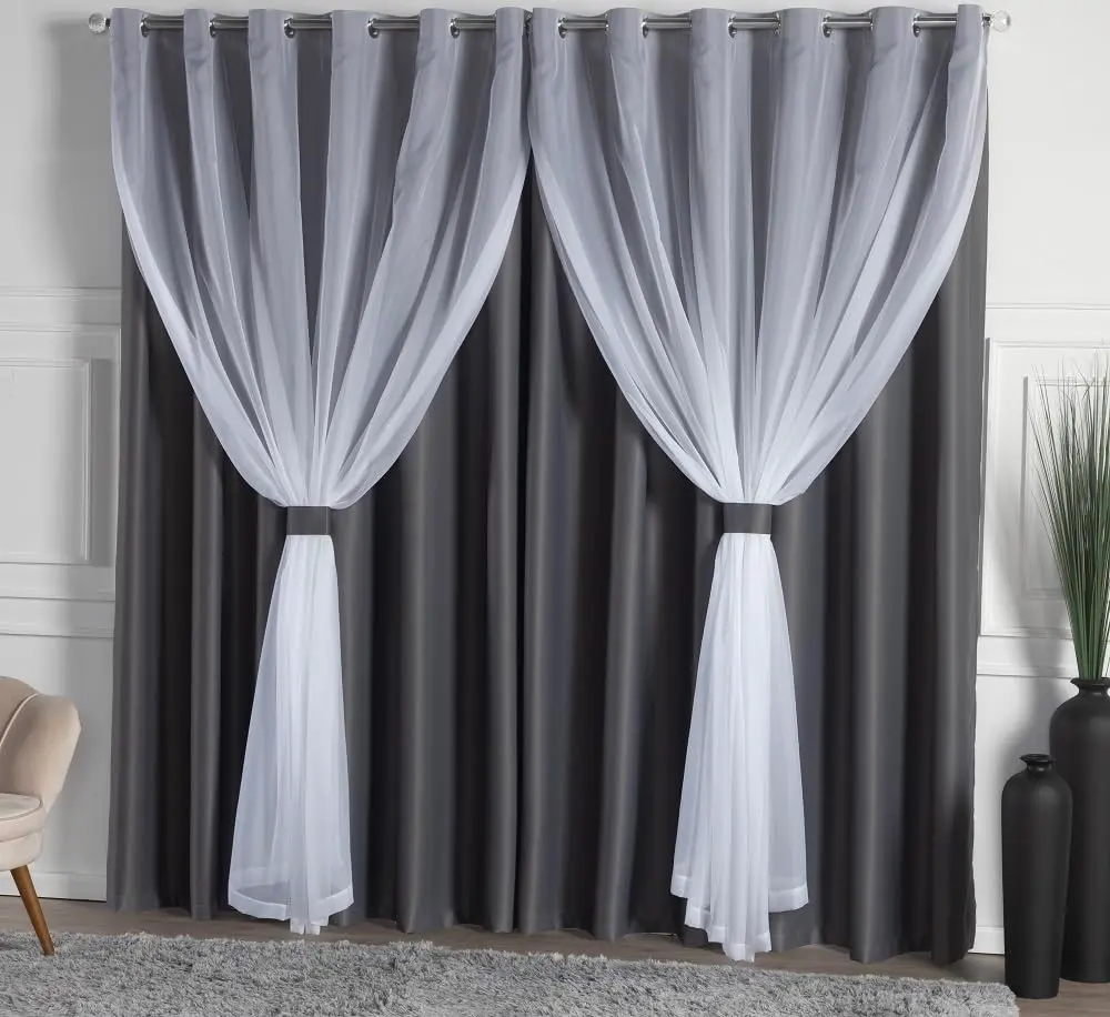 Cortina Blackout Tecido com Voil Quarto Sala 3,00x2,50m Solaris, Chumbo | Cortina de Blecaute para Varão Janela e Escritorio, Bloqueia Luz e Calor com Ilhos Cromado