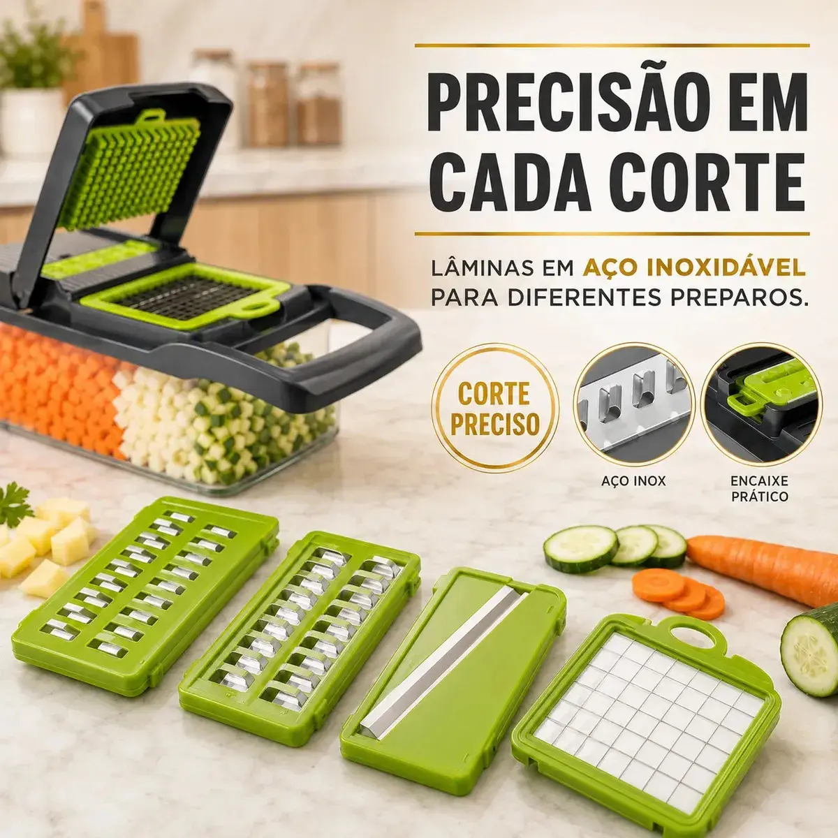 Cortador Fatiador Ralador De Legumes Frutas Vegetais Triturador Picador Manual 16 Peças para Cozinha Mandolin Inox Sólar thumbnail 4