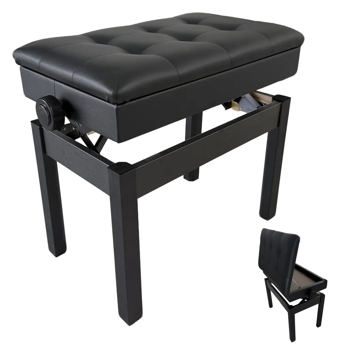VEDO Banco Para Piano com Altura AjustáVel e EspaçO de Armazenamento, Almofada com Almofada de Espuma de Alta Densidade, Profissional Nível de Palco, Banco Para Piano em Madeira MaciçA, Preto - 1