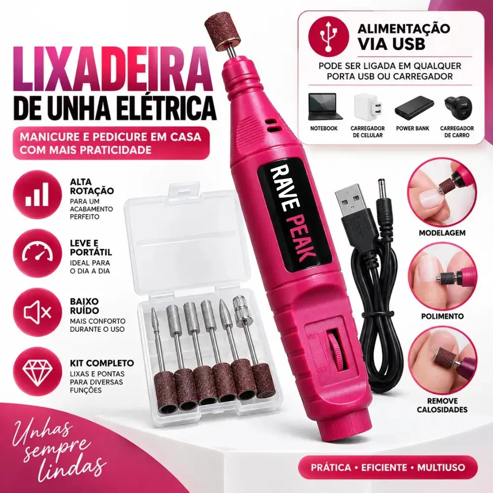 Lixa Elétrica Profissional Para Unhas Rosa Portátil Manicure Pedicure Motor Potente Para Unhas de Gel Acrílica Fibra Alongamento Polimento Broca Nail Drill thumbnail 2