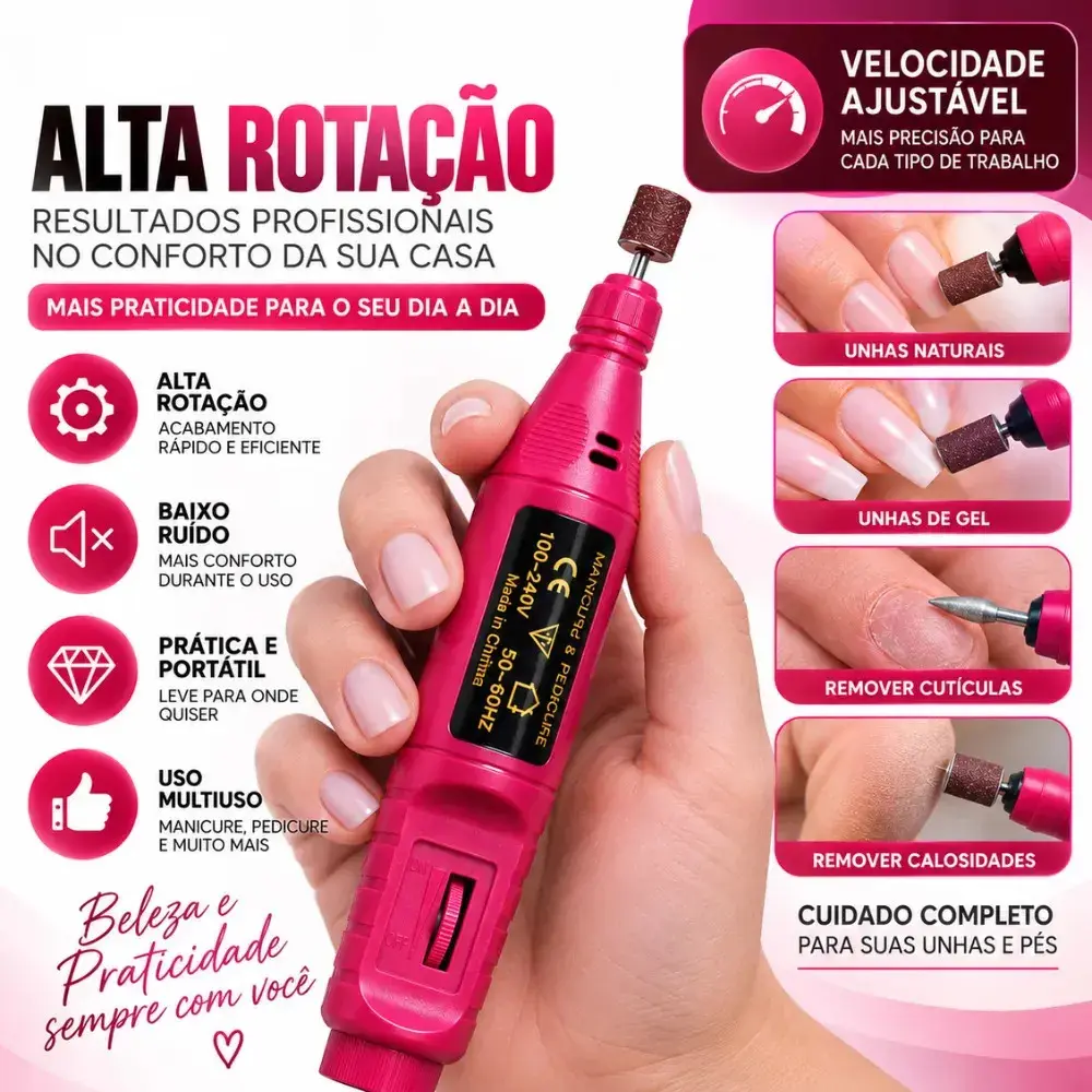 Lixa Elétrica Profissional Para Unhas Rosa Portátil Manicure Pedicure Motor Potente Para Unhas de Gel Acrílica Fibra Alongamento Polimento Broca Nail Drill thumbnail 3