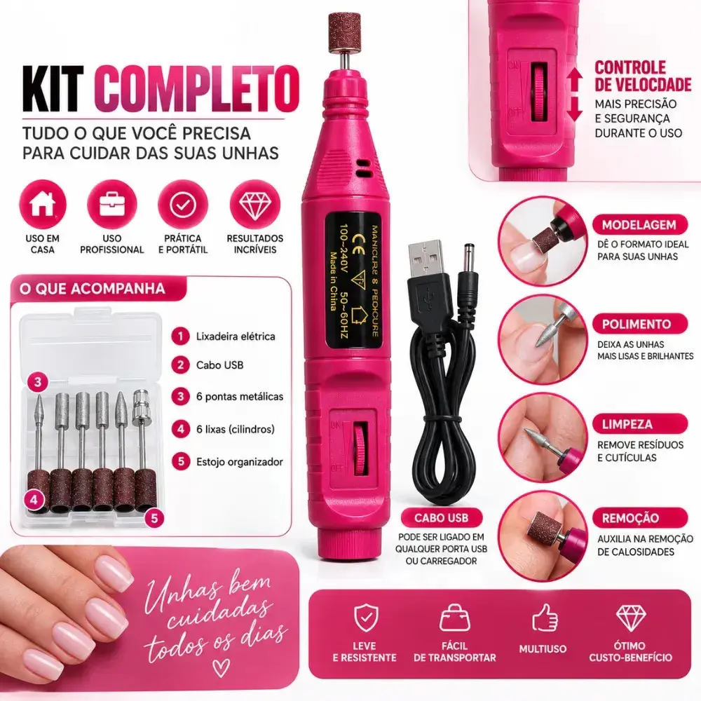 Lixa Elétrica Profissional Para Unhas Rosa Portátil Manicure Pedicure Motor Potente Para Unhas de Gel Acrílica Fibra Alongamento Polimento Broca Nail Drill thumbnail 5