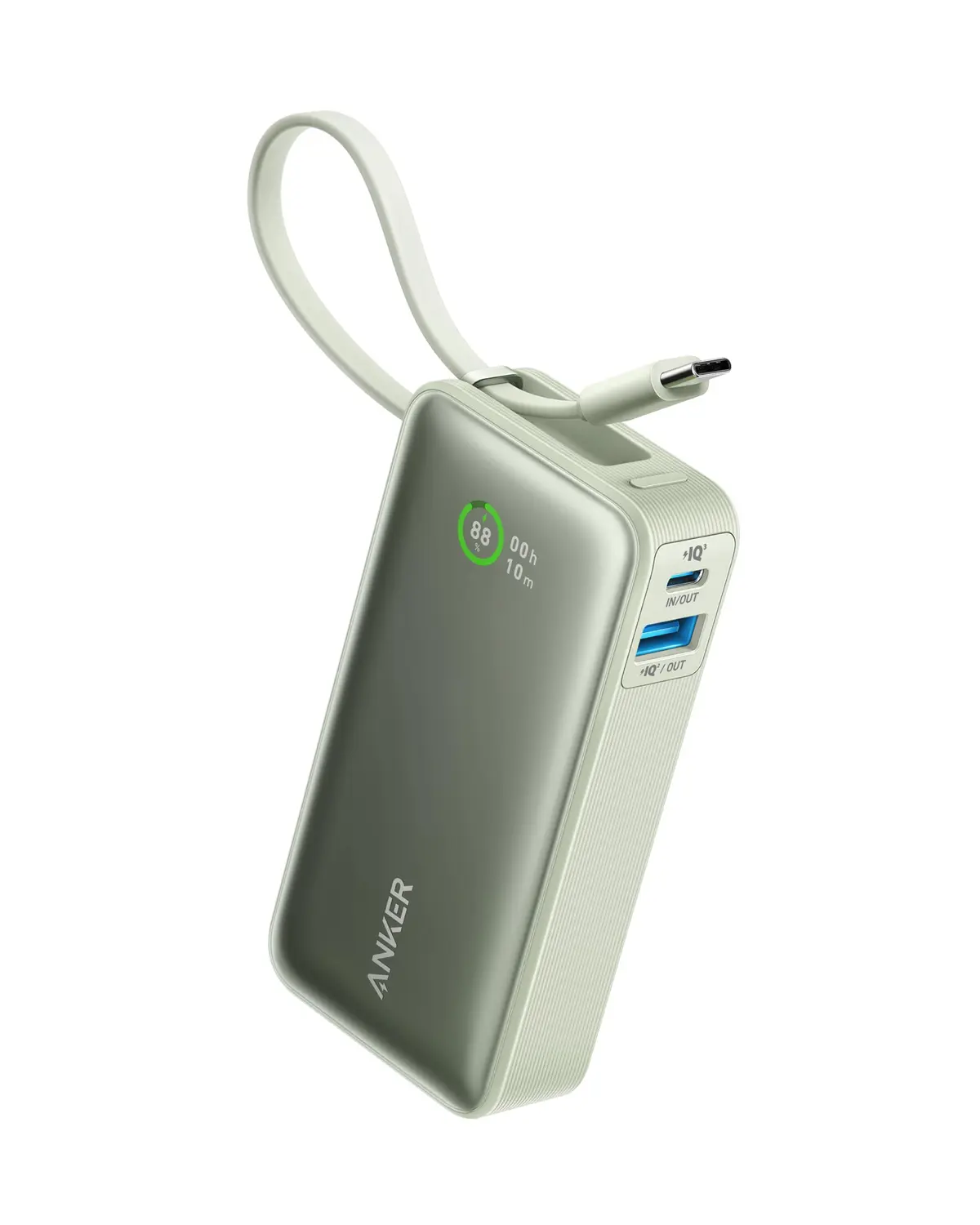 Anker Nano Power Bank 10000mAh, Carregador Portátil Até 30W | Cabo USB-C Integrado, para iPhone 18/17/16/15, Samsung, Xiaomi, Motorola, MacBook Air, iPad e Tablets, AirPods, Verde