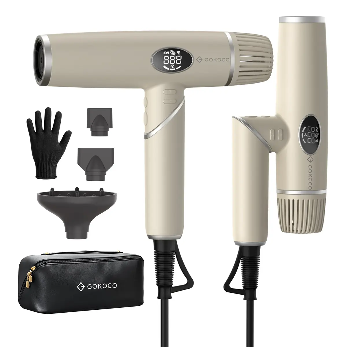 GOKOCO Secador de Cabelo Dobrável de Alta Velocidade,Bivolt,GD045 Motor Brushless 110.000 RPM,Íons Negativos,4 Temperaturas,3 Velocidades,com Difusor e Bicos Modeladores para Viagem,Ouro