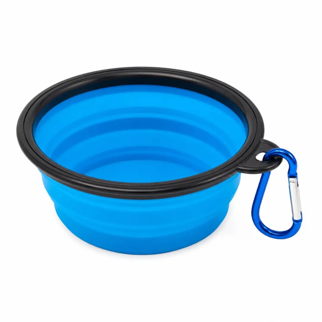 Comedouro Retrátil para Pets 400ml em Silicone com Mosquetão Azul