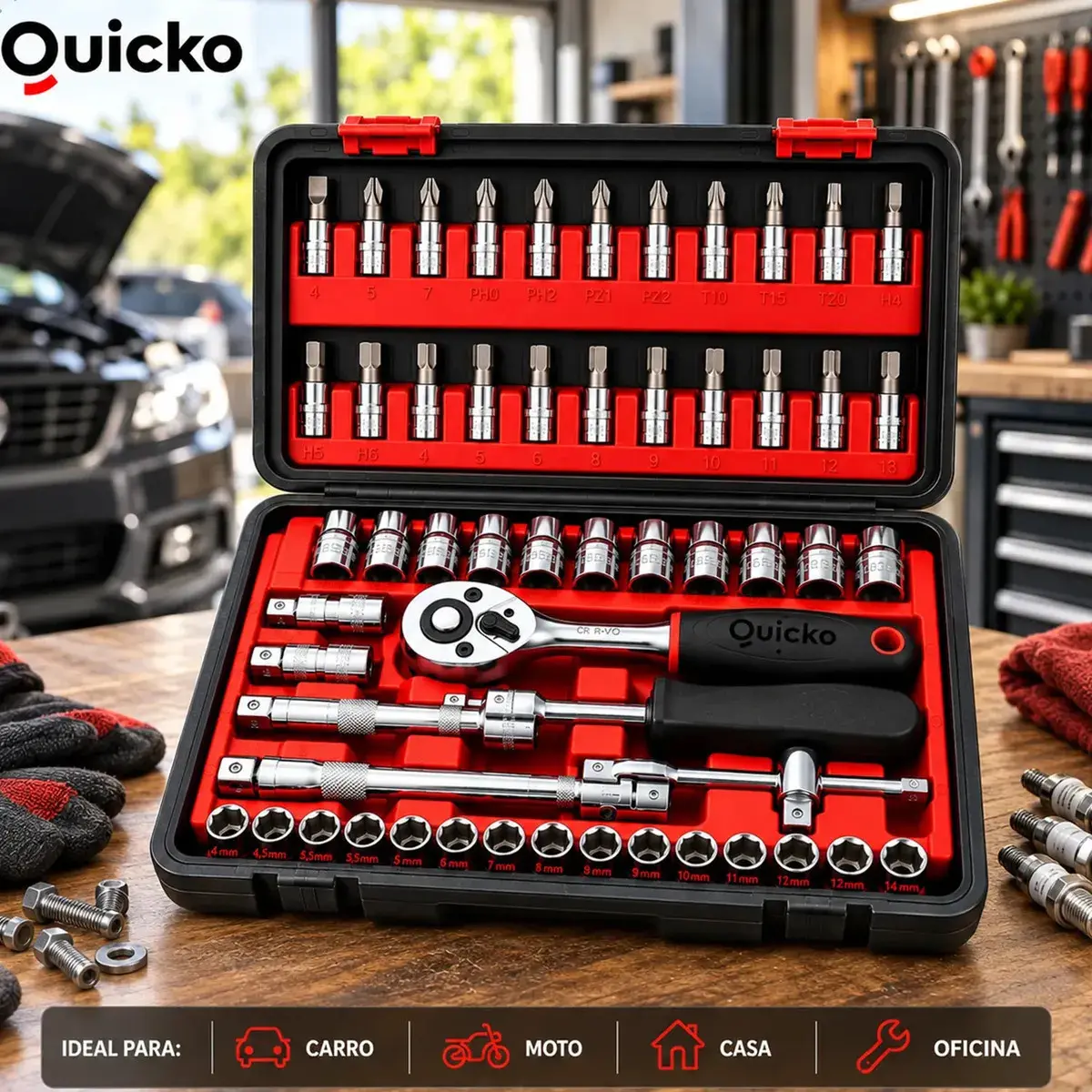 Kit Ferramentas 46 Peças Jogo Chaves Catraca Soquetes Allen Torx Fenda Phillips Maleta Completa Manual Mecânico Manutenção Casa Carro Oficina Profissional ajustes e reparos diversos montagens Quicko thumbnail 2