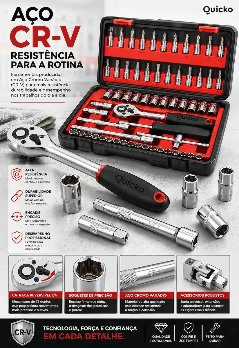 Kit Ferramentas 46 Peças Jogo Chaves Catraca Soquetes Allen Torx Fenda Phillips Maleta Completa Manual Mecânico Manutenção Casa Carro Oficina Profissional ajustes e reparos diversos montagens Quicko thumbnail 3