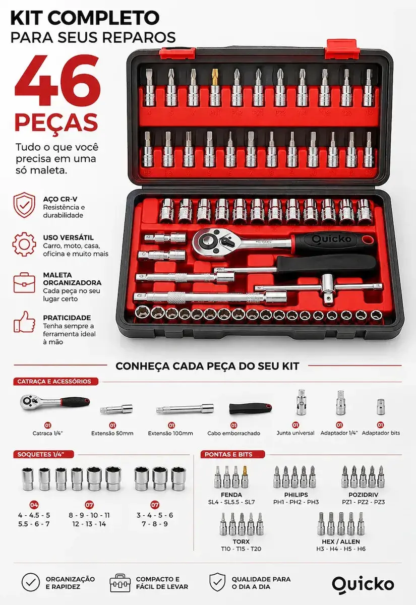 Kit Ferramentas 46 Peças Jogo Chaves Catraca Soquetes Allen Torx Fenda Phillips Maleta Completa Manual Mecânico Manutenção Casa Carro Oficina Profissional ajustes e reparos diversos montagens Quicko thumbnail 4