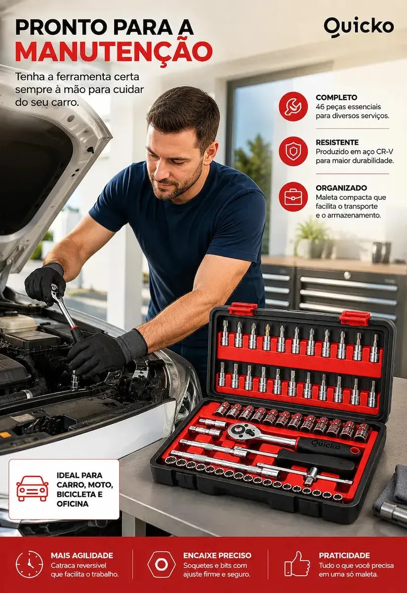Kit Ferramentas 46 Peças Jogo Chaves Catraca Soquetes Allen Torx Fenda Phillips Maleta Completa Manual Mecânico Manutenção Casa Carro Oficina Profissional ajustes e reparos diversos montagens Quicko thumbnail 5