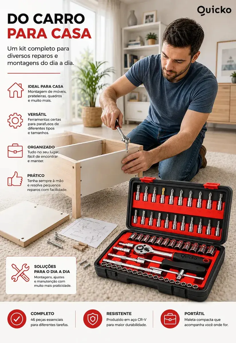 Kit Ferramentas 46 Peças Jogo Chaves Catraca Soquetes Allen Torx Fenda Phillips Maleta Completa Manual Mecânico Manutenção Casa Carro Oficina Profissional ajustes e reparos diversos montagens Quicko thumbnail 6