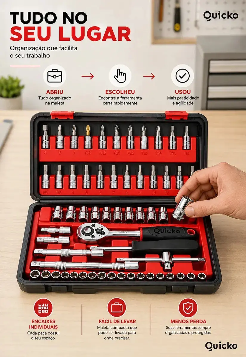 Kit Ferramentas 46 Peças Jogo Chaves Catraca Soquetes Allen Torx Fenda Phillips Maleta Completa Manual Mecânico Manutenção Casa Carro Oficina Profissional ajustes e reparos diversos montagens Quicko thumbnail 7