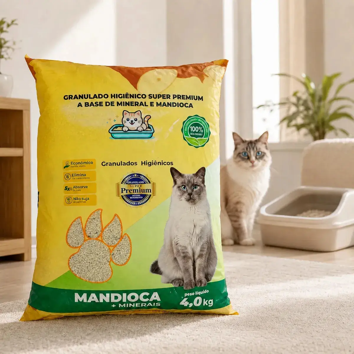Areia Higiênica Granulado Para Gatos 4kg Mandioca + Minerais Controle De Odores Alta Absorção Econômica Biodegradável Não Suja Patinhas Rende Mais Banheiro Sanitário Pet Super Premium - 1