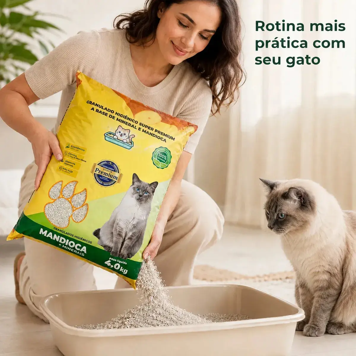 Areia Higiênica Granulado Para Gatos 4kg Mandioca + Minerais Controle De Odores Alta Absorção Econômica Biodegradável Não Suja Patinhas Rende Mais Banheiro Sanitário Pet Super Premium thumbnail 2
