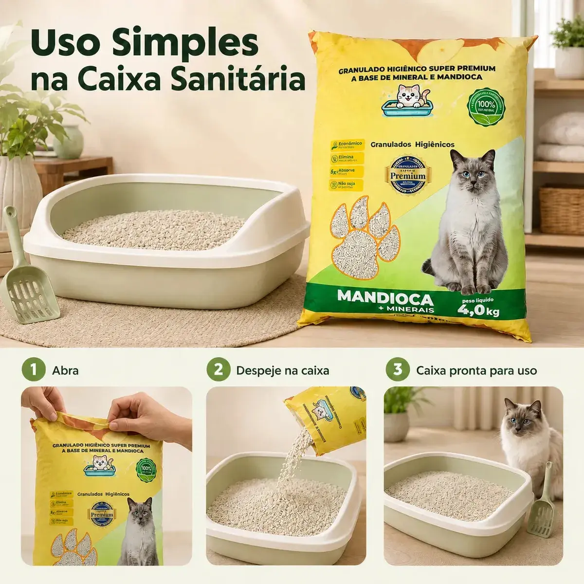 Areia Higiênica Granulado Para Gatos 4kg Mandioca + Minerais Controle De Odores Alta Absorção Econômica Biodegradável Não Suja Patinhas Rende Mais Banheiro Sanitário Pet Super Premium thumbnail 3