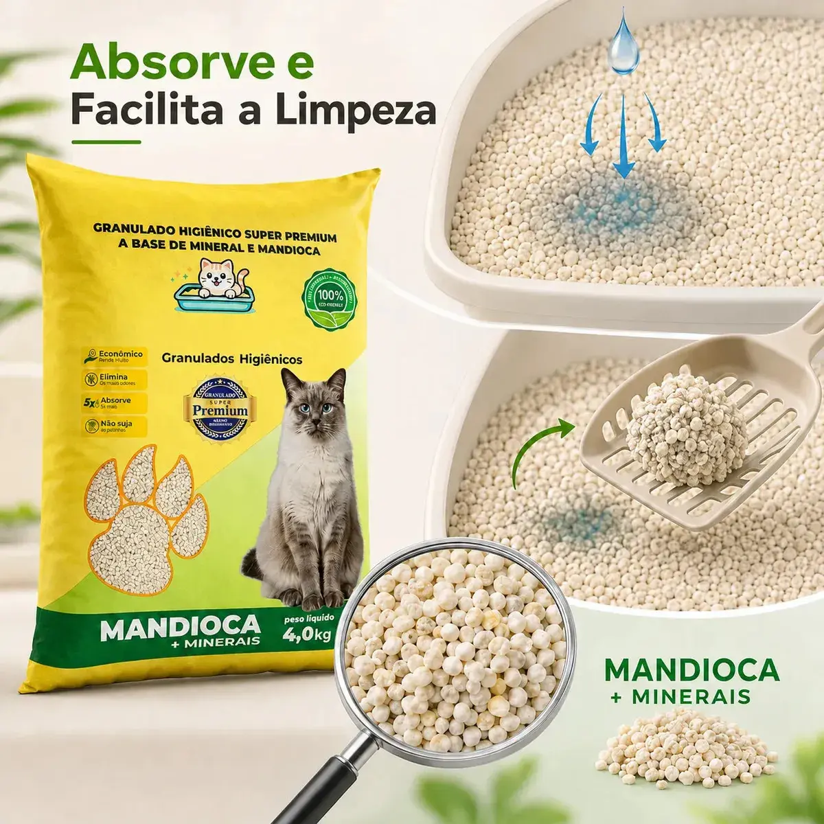 Areia Higiênica Granulado Para Gatos 4kg Mandioca + Minerais Controle De Odores Alta Absorção Econômica Biodegradável Não Suja Patinhas Rende Mais Banheiro Sanitário Pet Super Premium thumbnail 4