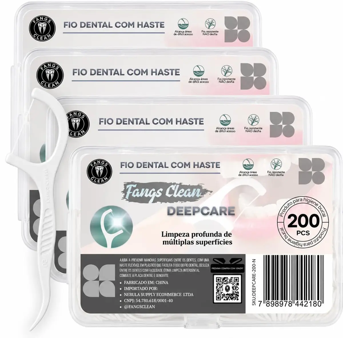 Fio Dental com Haste 2 em 1 Kit 200/400 Unidades Fangs Clean Deepcare Neutro | Floss Picks, Palito Interdental Macio e Resistente, Cabo Ergonômico Antideslizante, Limpeza Profunda, Uso Diário e Viagens