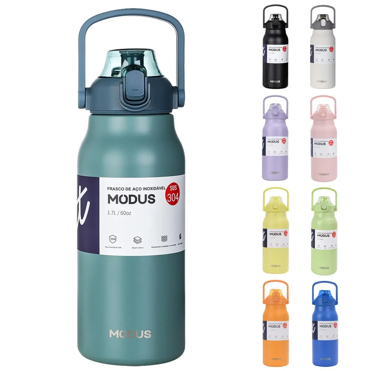 Garrafa Térmica De Viagem Inox 1700ml Água Com Canudo (Ciano)