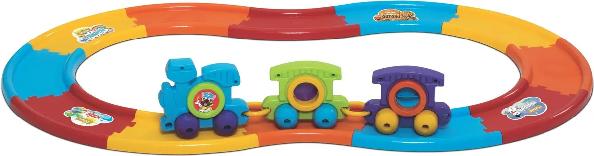 Trem colorido com Pista 12 Trilhos Montáveis + 6 Meses - Mercotoys | Leves e fáceis de manusear, este conjunto estimula a criatividade, a coordenação motora e o jogo de faz de conta - 1