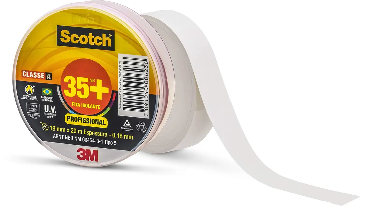 SCOTCH 3M Fita Isolante 35+ 19 mm x 20 m Branca 1 Unidade | Isolamento e identificação de fios, Resistente à abrasão, umidade e solventes, Ótimo poder de adesão, Proteção e segurança