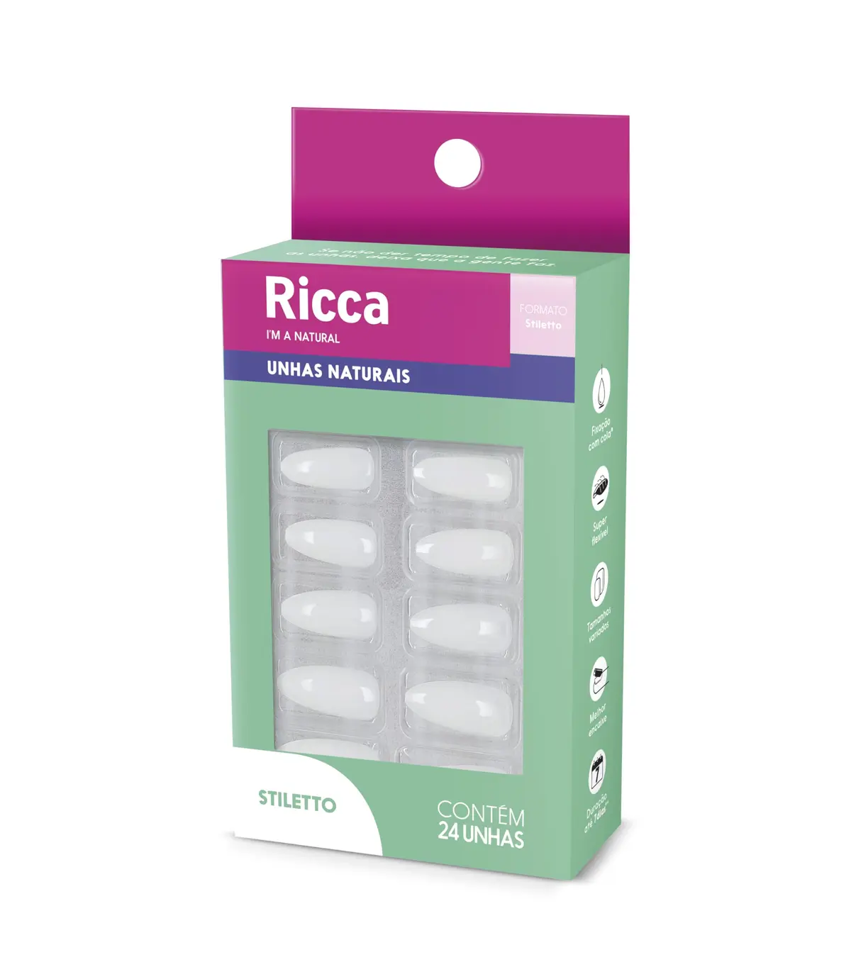 Unhas Postiças Ricca, Naturais, Stiletto