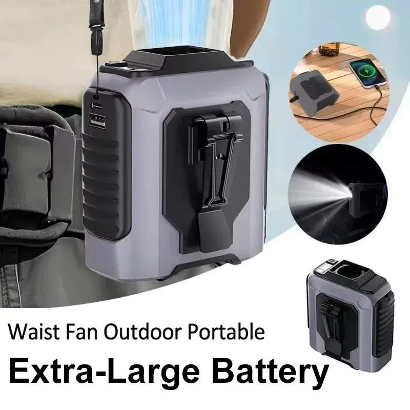 NOVO Ventilador de Cintura Recarregável Portátil, Mini Ventilador Sem Fio com Bateria Grande, Power Bank e Lanterna, 5 Velocidades para Atividades ao Ar Livre