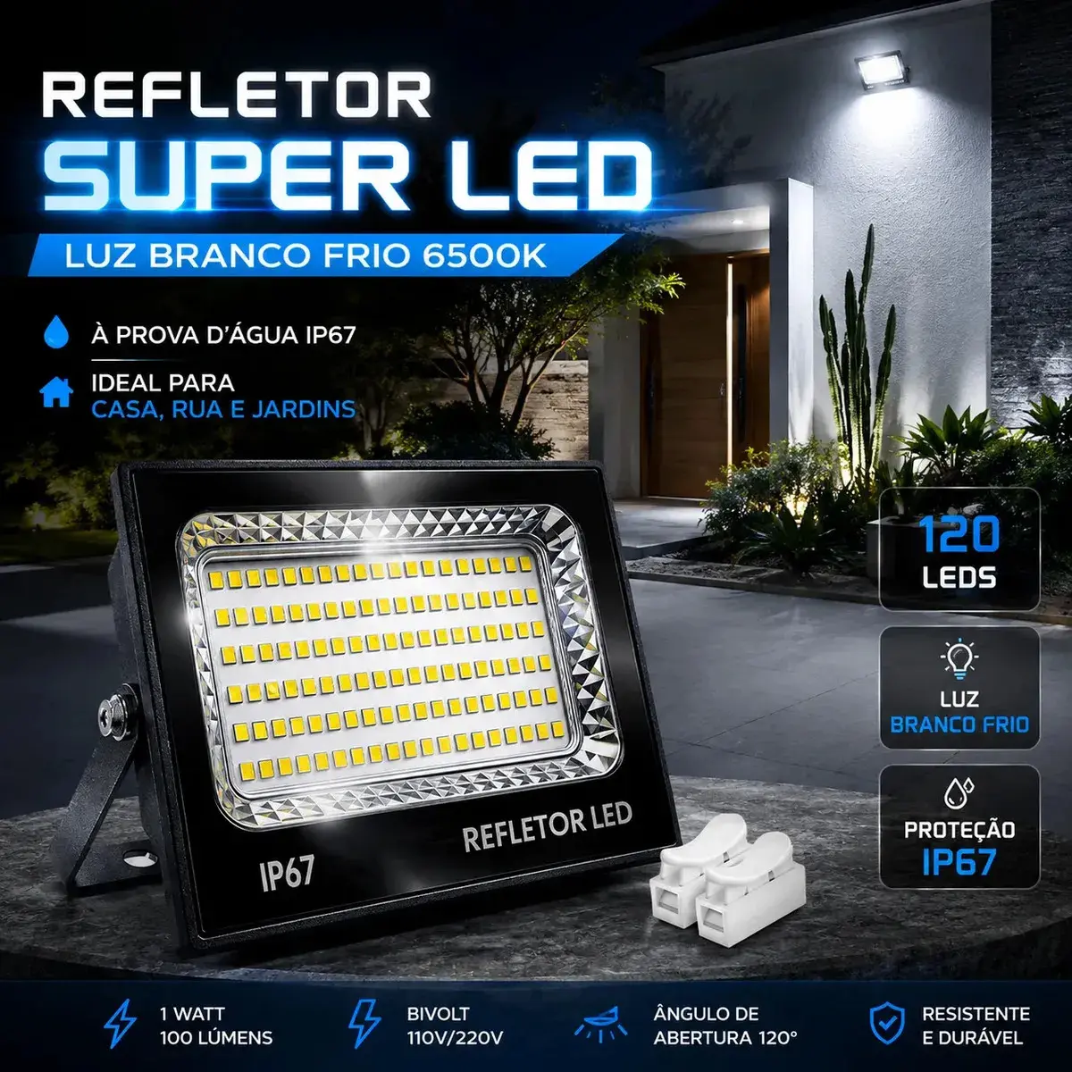 Kit 2 Refletor Super Led 400w Ip67 Holofote Bivolt Prova D'água Branco Frio 6500k Preto - 1