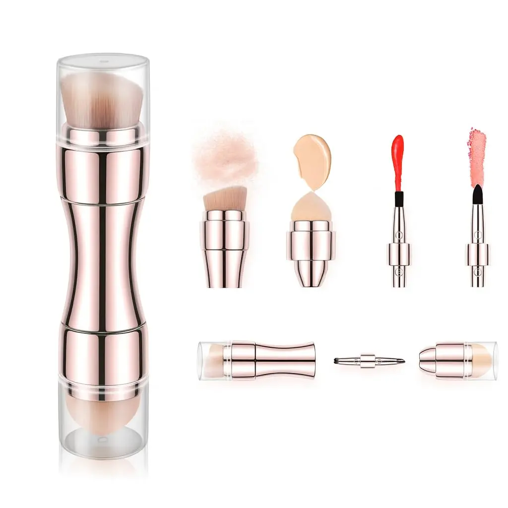 Kit Retrátil 4 em 1 Pincéis de Maquiagem Profissionais Portáteis – Base, Blush, Sombra e Lábios – Design Rose Gold Luxo para Viagem e Uso Diário