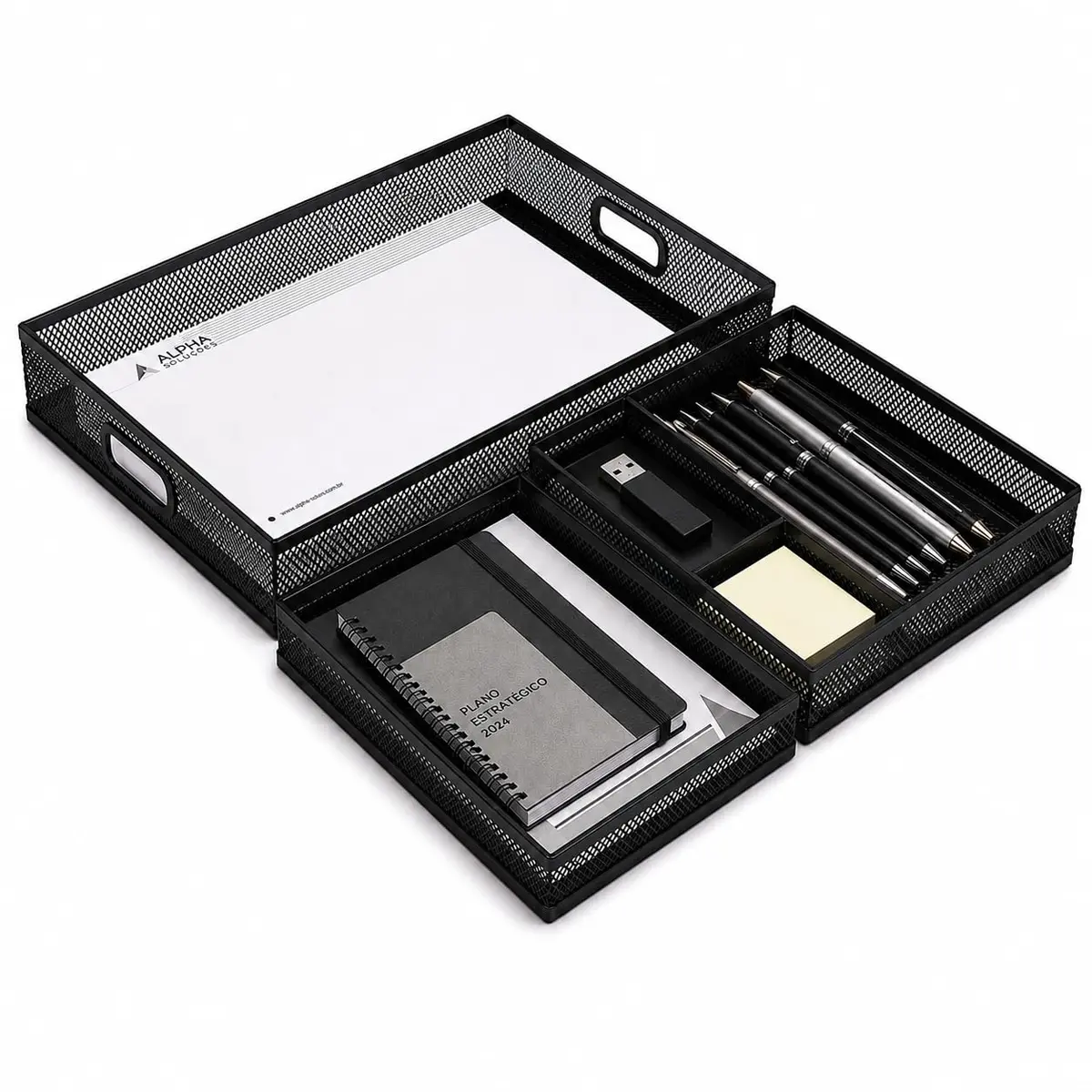 Kit com 3 Peças de Organizador de Escritório em Bandejas em Ferro Preto Aramado, Porta Arquivos de Mesa em Malha Metálica, Ideal Para Organização de Papel em Área de Trabalho e Estudos