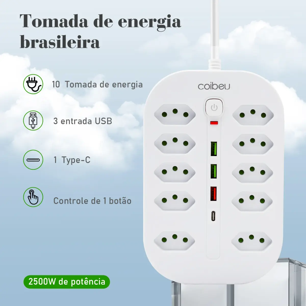 Filtro de Linha, Expansão para 10 Tomadas, 3 USB, 1 USB Tipo C, 2500 W, 110-250 V, Cabo de 1,8 M, Proteção Contra Sobrecarga - 1