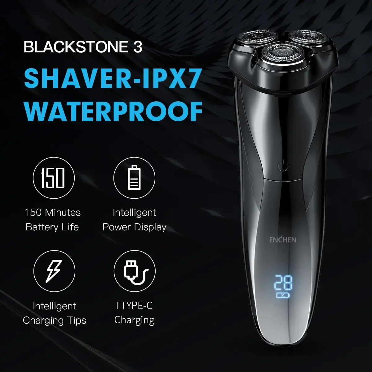 Enchen-barbeador elétrico à prova d'água para homens, lâmina úmida e seca, dupla utilização, bateria para barba facial, display digital 3D Blackstone 3, IPX7