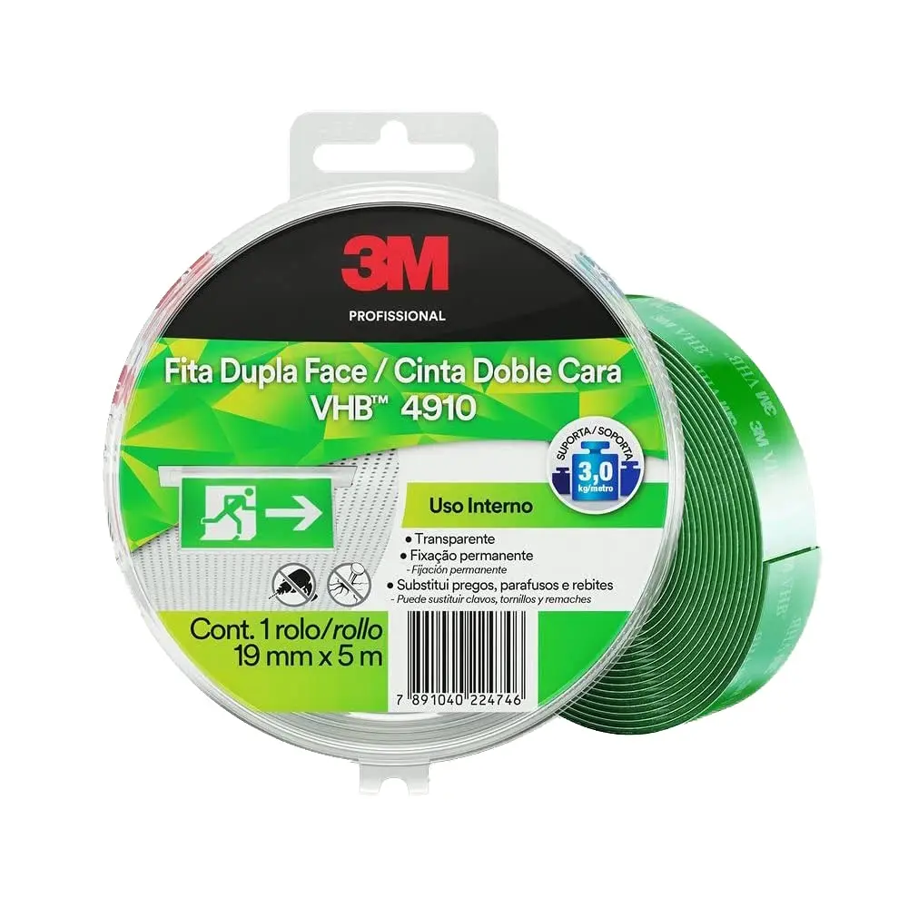 3M Fita Dupla-face VHB 4910 Uso Interno 19 mm x 5 m 1 Unidade | Suporta até 2 kg com colagem permanente, Alta resistência e durabilidade, Espuma firme e aplicação limpa e rápida